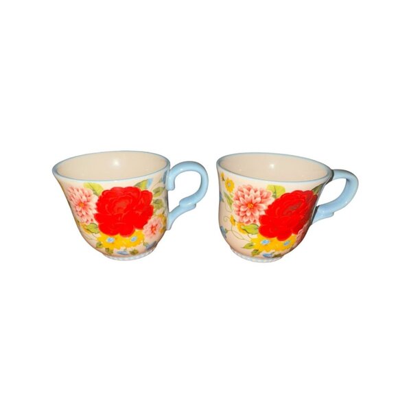 The Pioneer Woman Floral Stoneware Coffee Mugs Set Of 2 Red & Blue Microwave & D